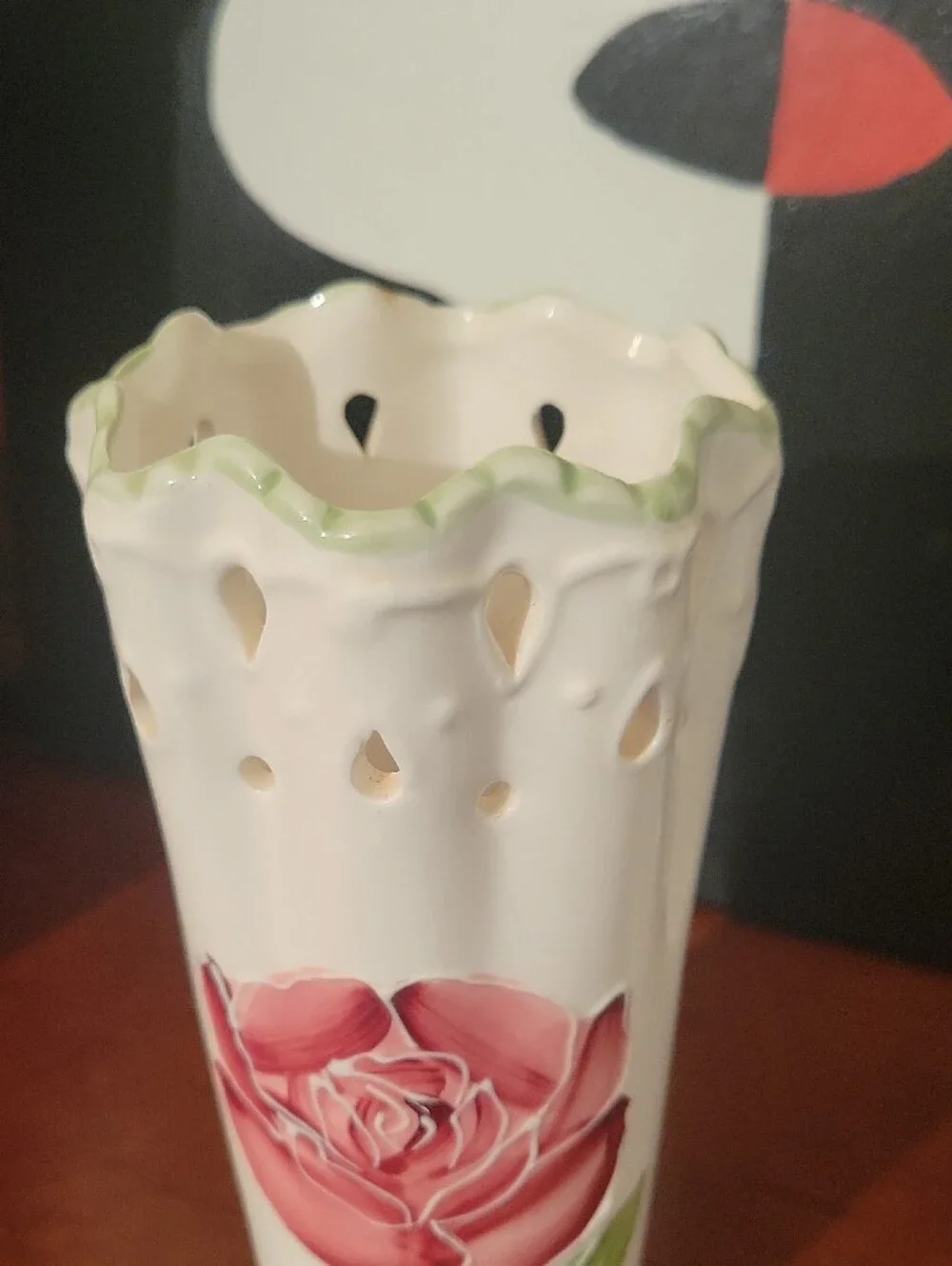 Vintage White Ceramic Rose Vase with Pink Floral Accent